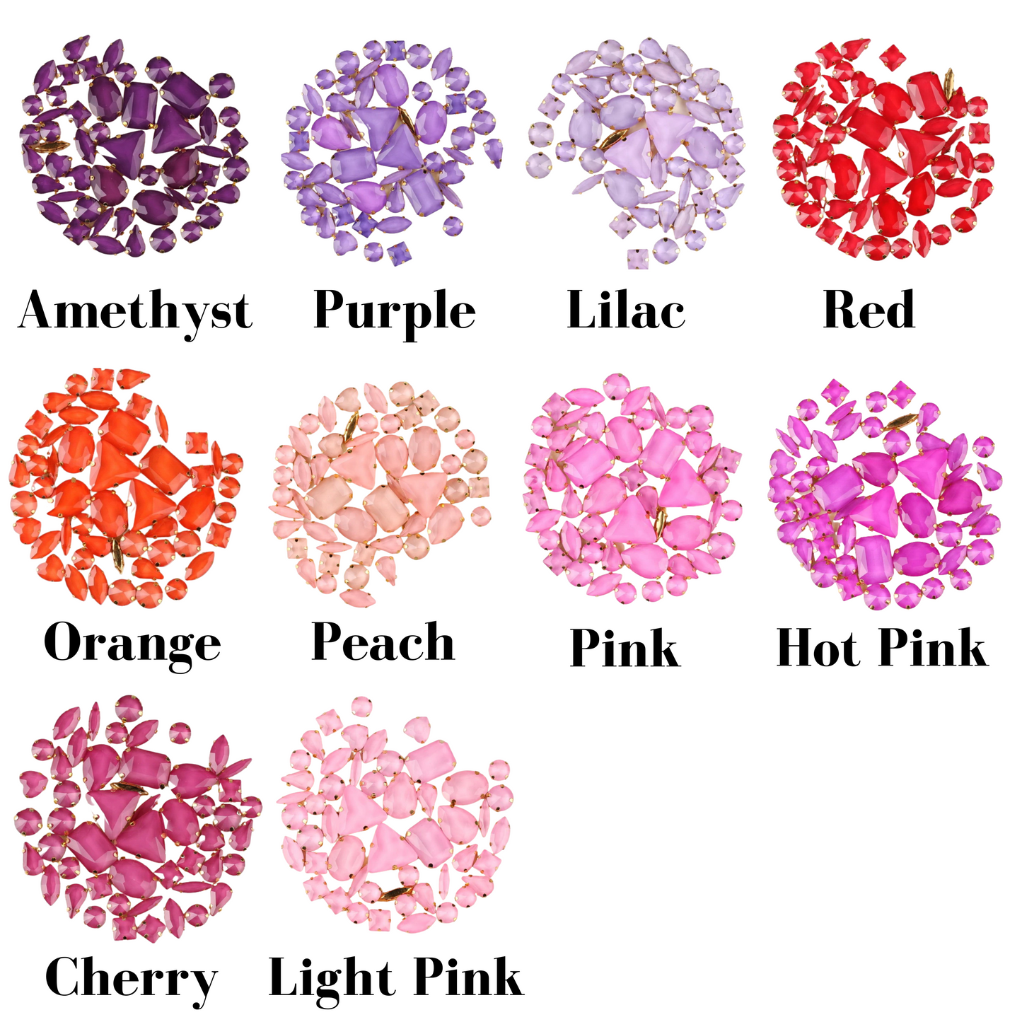 Custom Crystal Headband in pastel colours. Flat lay photo showing range of crystal colours. Amethyst, purple, lilac, red, orange, peach, pink, hot pink, cherry, light pink